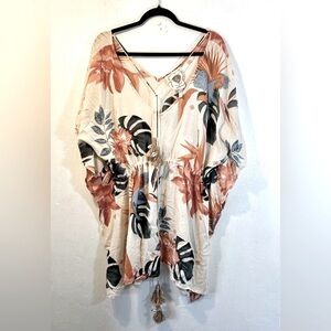 Zleurope -tropical beach coverup .Cream color with boho botanical print.OS